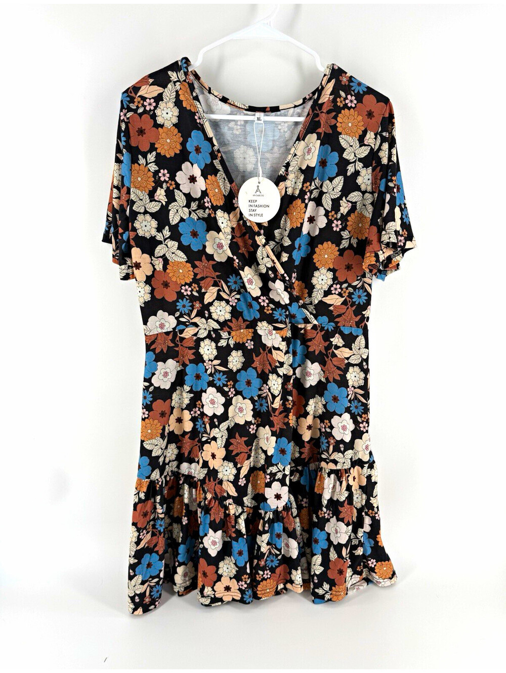 ANRABESS Womens Black Floral V-Neck Short Sleeve Ruffle Mini Dress XL